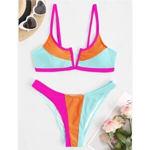 Zaful Women's V-Wired Bikini Pink Blue Colorblock Ribbed 2 Piece Swimwear L